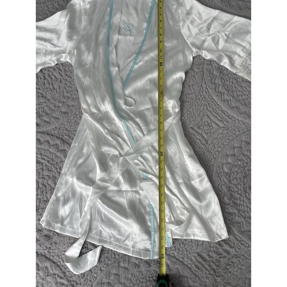"The Bride" Linea Donatella Short White Satin Wrap Robe Blue Trim Sz Small - Picture 7 of 10